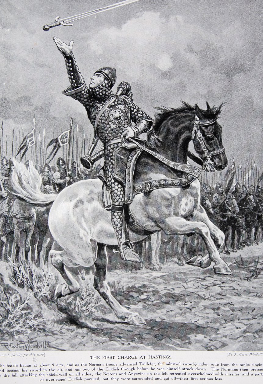 La primera carga en Hastings: Taillefer el juglar de espadas cabalgó desde las filas cantando y lanzando su espada al aire, 1066, ilustración de 
