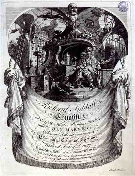 Tarjeta comercial de Richard Siddall, Químico, en la Cabeza Dorada, Panton Street, Londres (grabado) de Richard Clee