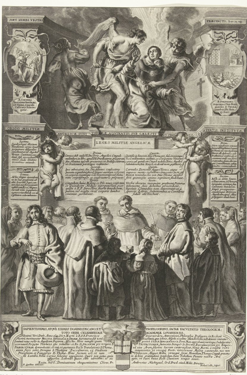 Instelling van de broederschap Militia Angelica de Tomás de Aquino, 1649 El origen de la Milicia Angélica, el divino Tomás de Aquino; bajo su cinturón celestial de castidad, instituido (título sobre el objeto) de Richard Collin