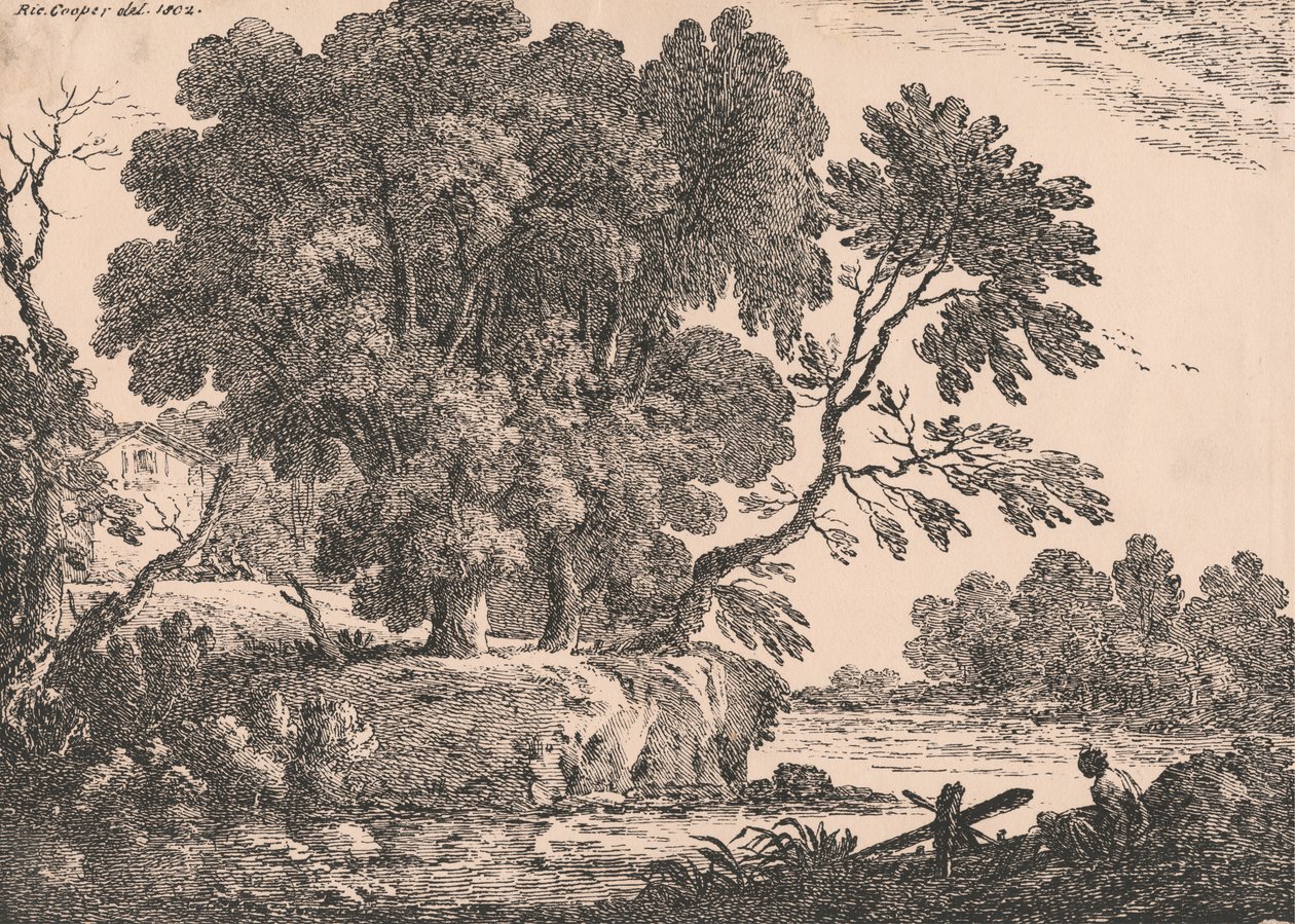 Paisaje con grupo de árboles rodeados de agua, casa de campo a la izquierda, mujer sentada a la derecha en primer plano de Richard Cooper the Elder