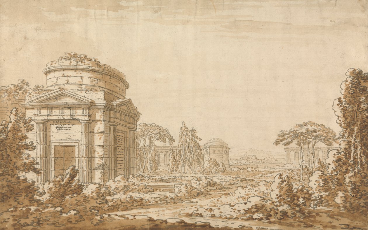 Paisaje clásico italiano con templos y un acueducto en ruinas de Richard Cooper the Younger