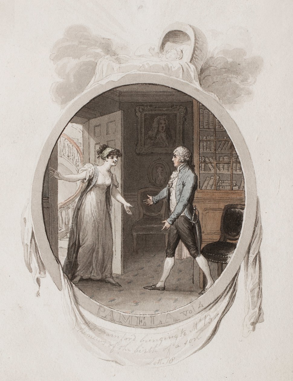 La Srta. Darnford llevando a Mr. B la noticia del nacimiento de un hijo, Lett. 18, ilustración para una edición de 1802 de 