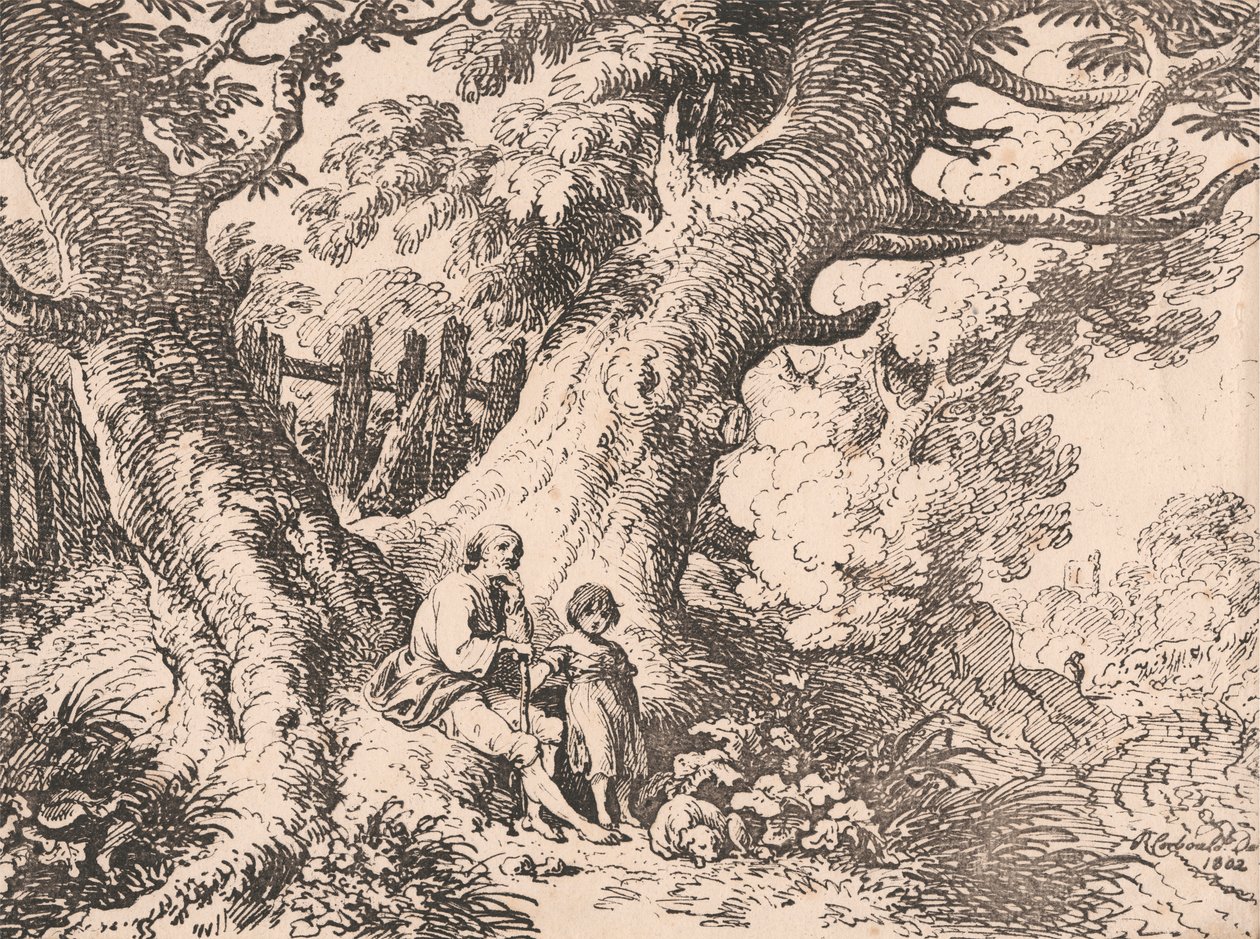 Árboles viejos con anciano, niño y perro de Richard Corbould