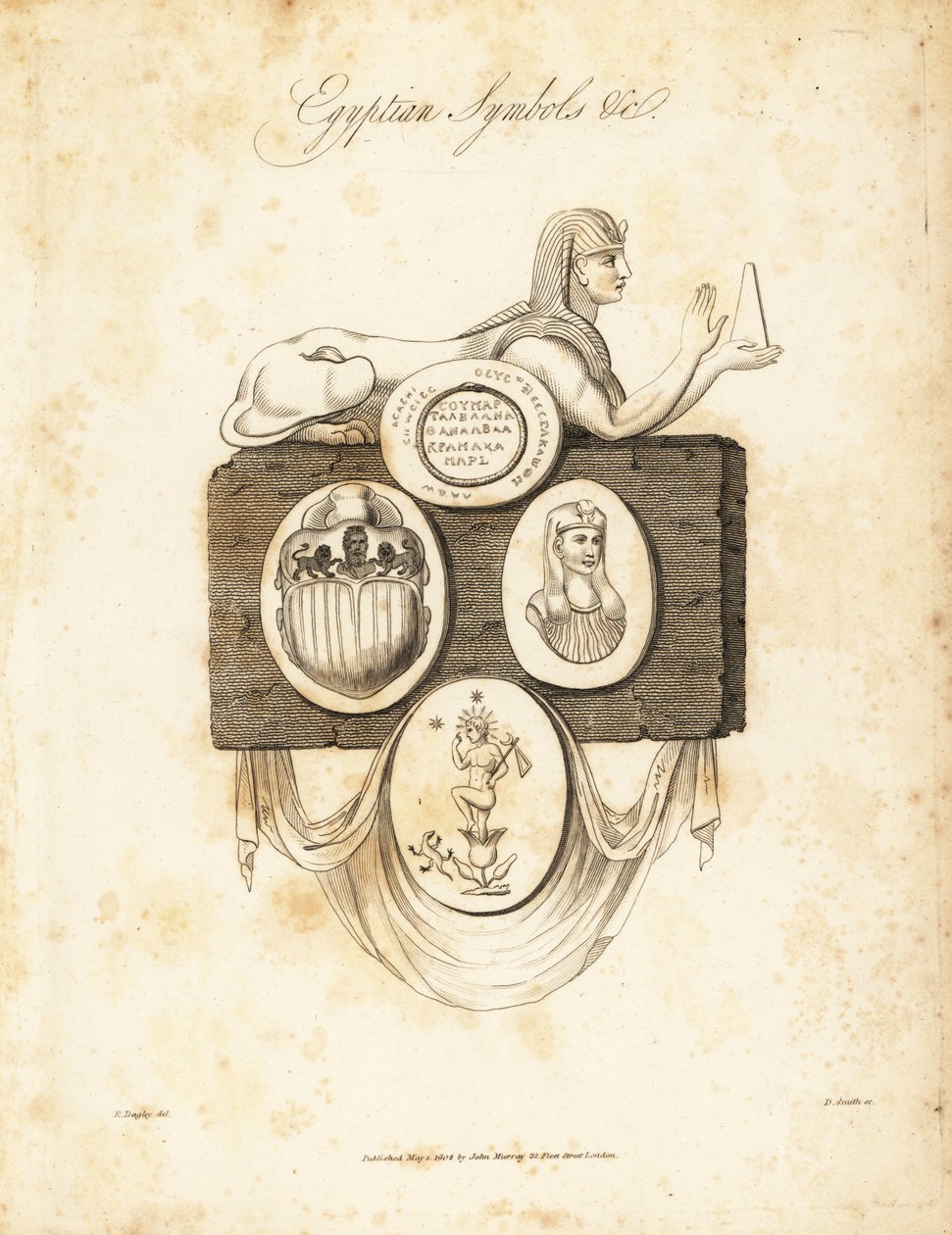 Esfinge egipcia, escarabajo, Horus, etc., 1823 (grabado) de Richard Dagley