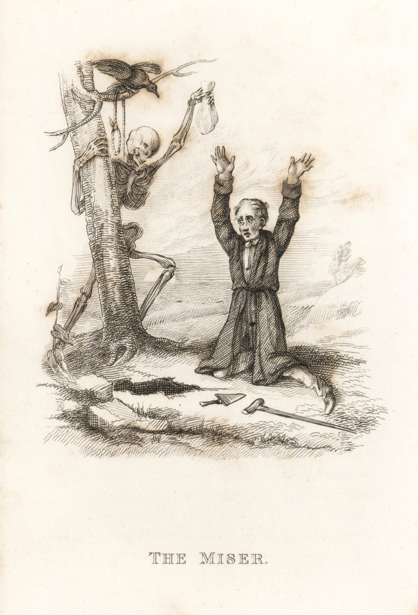 El esqueleto de la Muerte y el avaro. ,1827 (grabado) de Richard Dagley