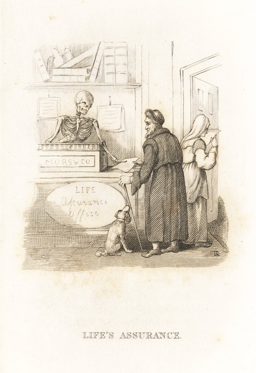 El esqueleto de la Muerte en la oficina de seguros. ,1827 (grabado) de Richard Dagley