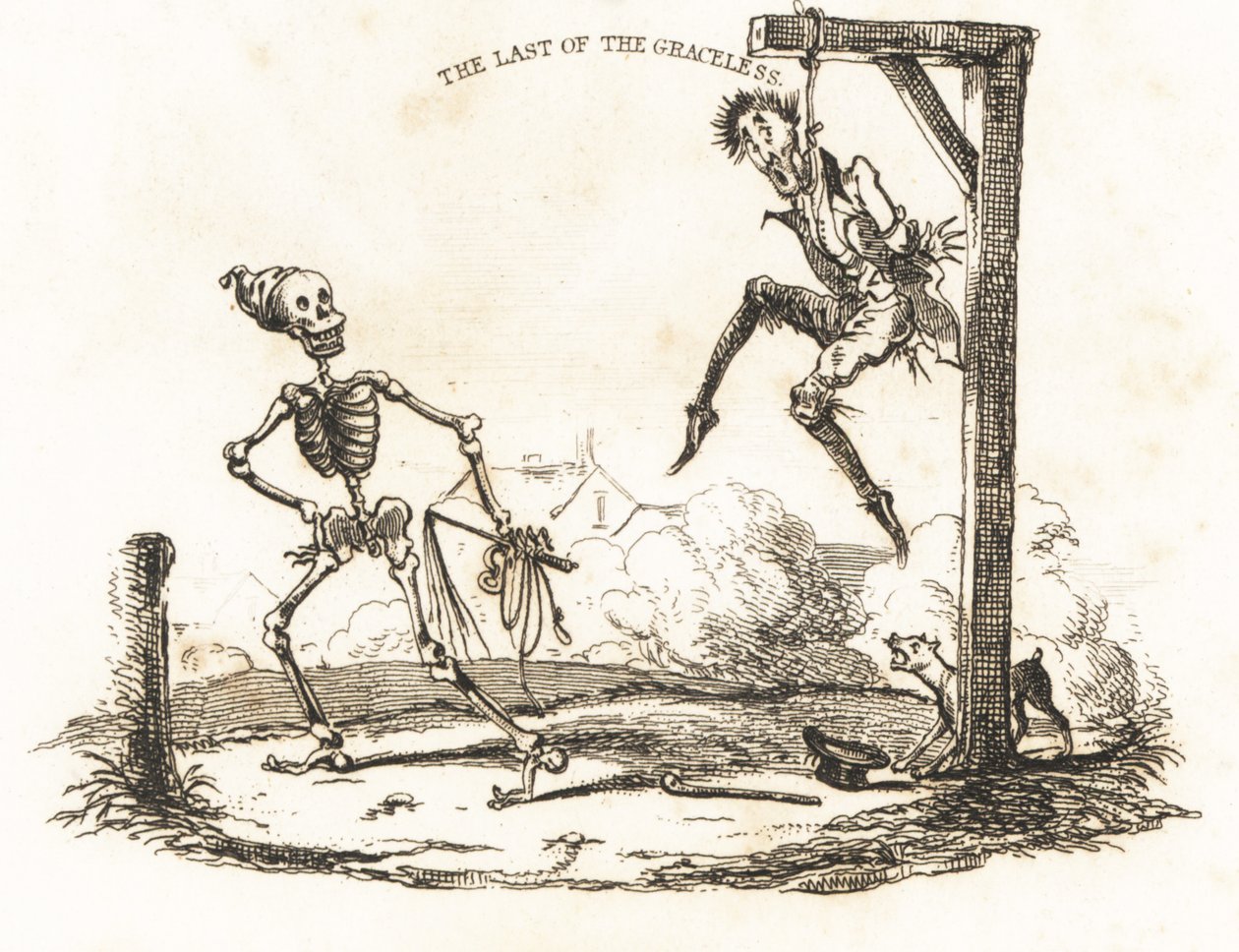 Viñeta de un esqueleto y un hombre colgando de una horca.,1827 (grabado) de Richard Dagley