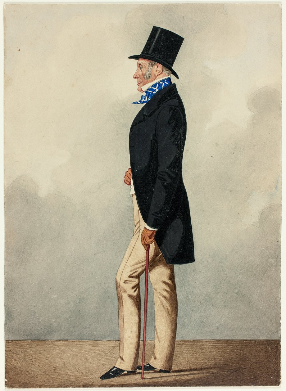 Retrato de hombre con abrigo negro y corbata azul y blanca de Richard Dighton