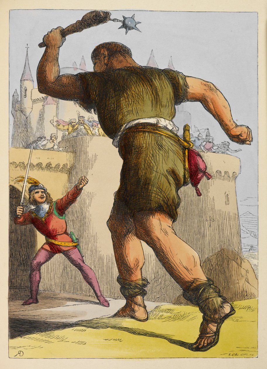 Jack listo para luchar contra un gigante fuera de un castillo. Ilustración a color en un libro infantil. de Richard Doyle