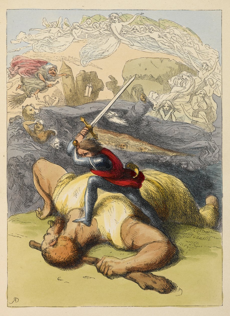 Jack de pie sobre el cuerpo de un gigante, con su espada en alto. Ilustración en color en un libro infantil. de Richard Doyle