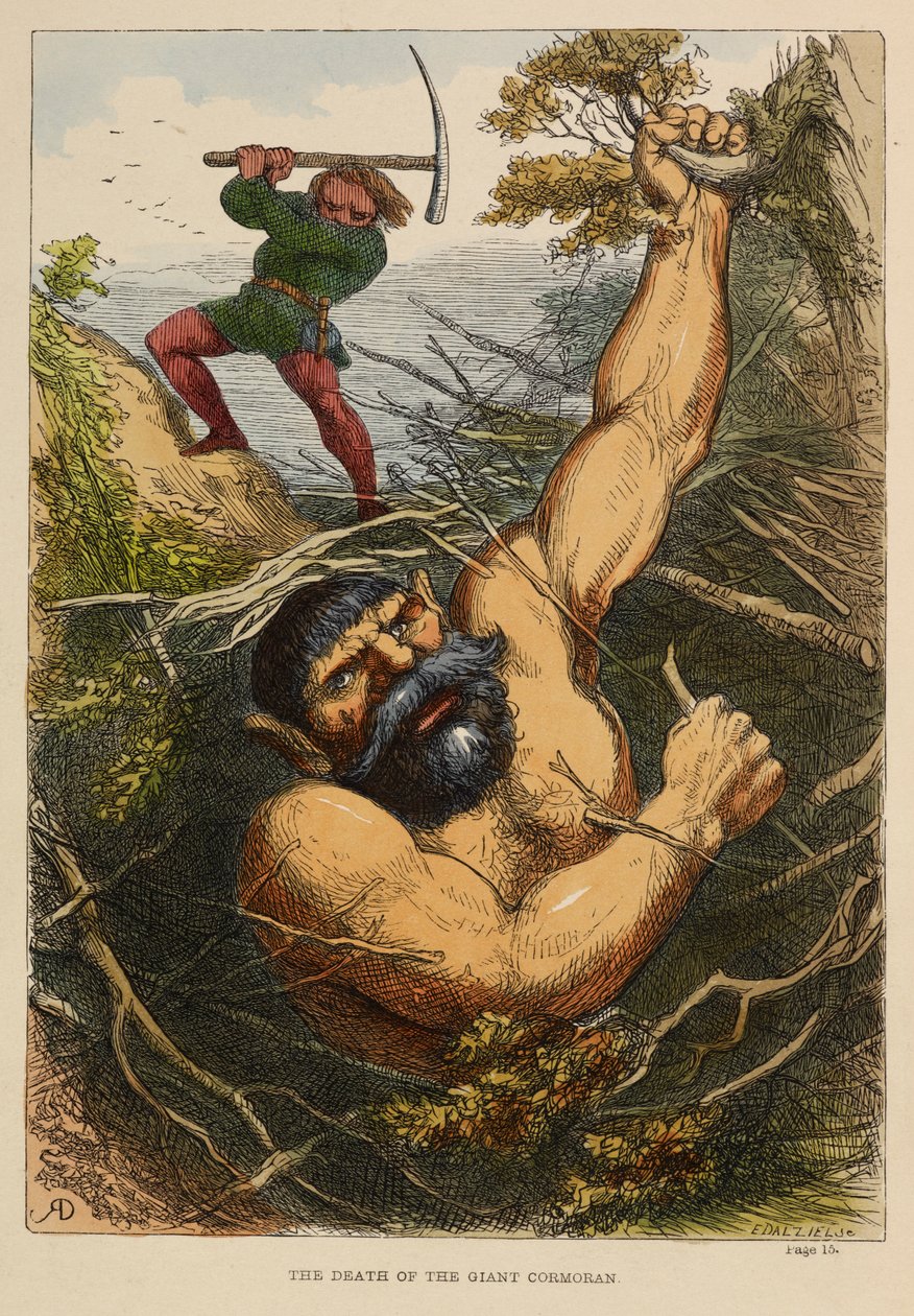 La muerte del gigante Cormoran". Según la leyenda, este gigante, llamado Cormoran, vivía en el Monte de San Miguel, en Cornualles. Ilustración en color en un libro infantil. de Richard Doyle