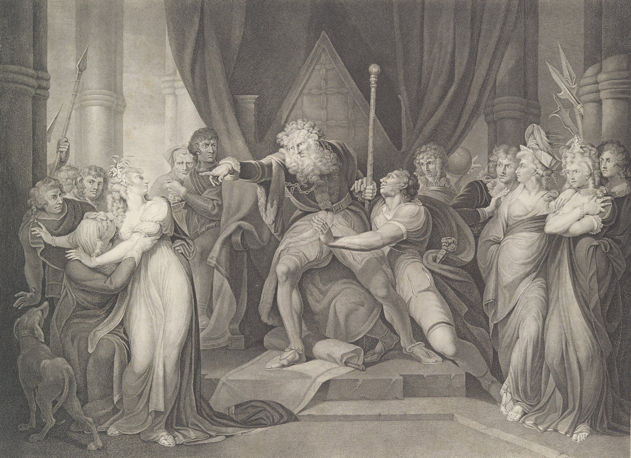 El rey Lear expulsando a su hija Cordelia, Shakespeare, primera publicación 1792, reeditado 1852 de Richard Earlom