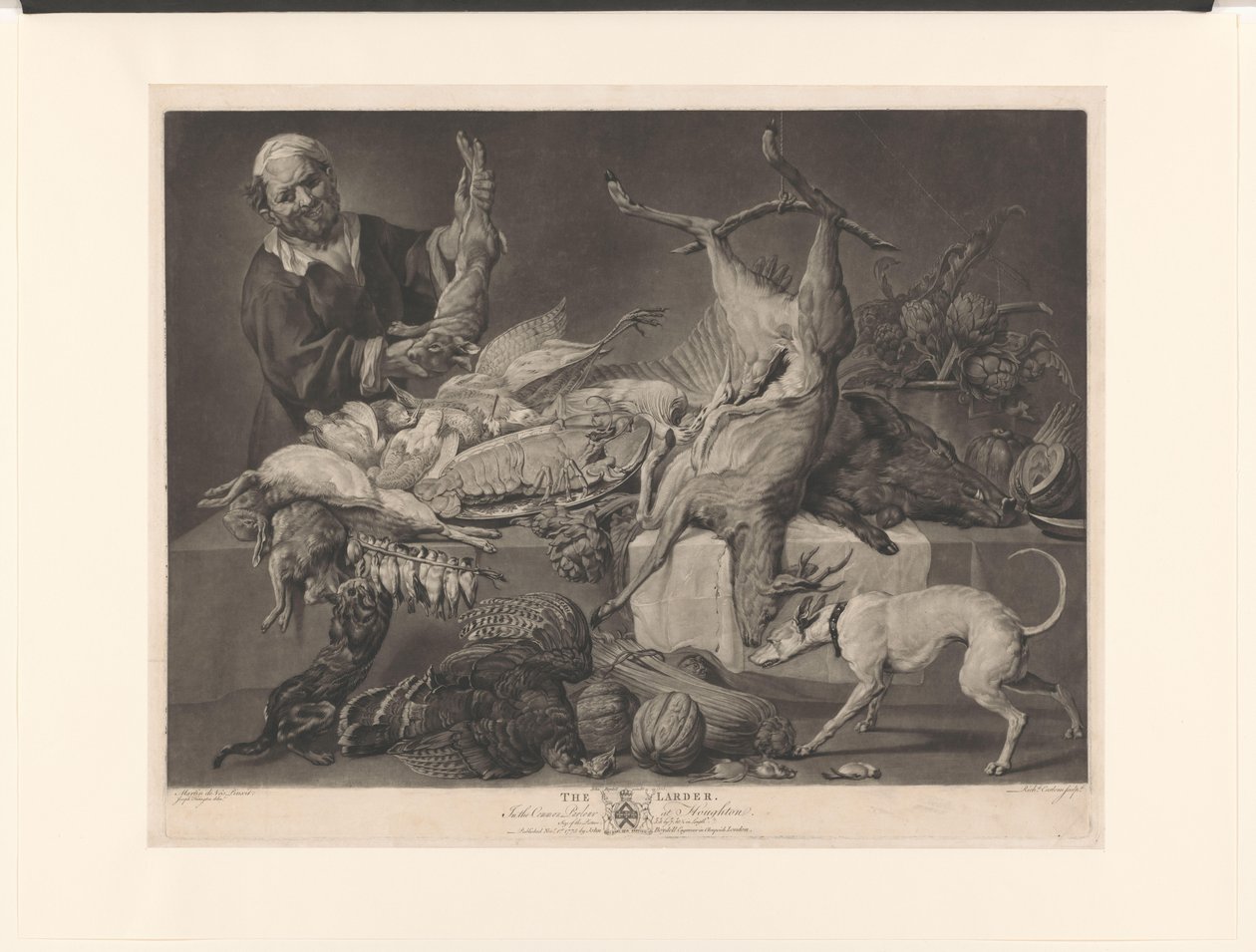 Koopman muestra animales de caza, alcachofas, calabazas y una langosta The Larder (título sobre el objeto) de Richard Earlom