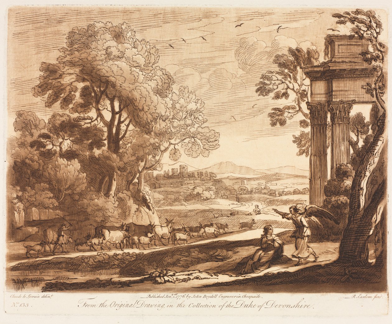 Liber Veritatis: No. 133, Un paisaje, con ganado y el ángel consolando a Agar, 1776 de Richard Earlom
