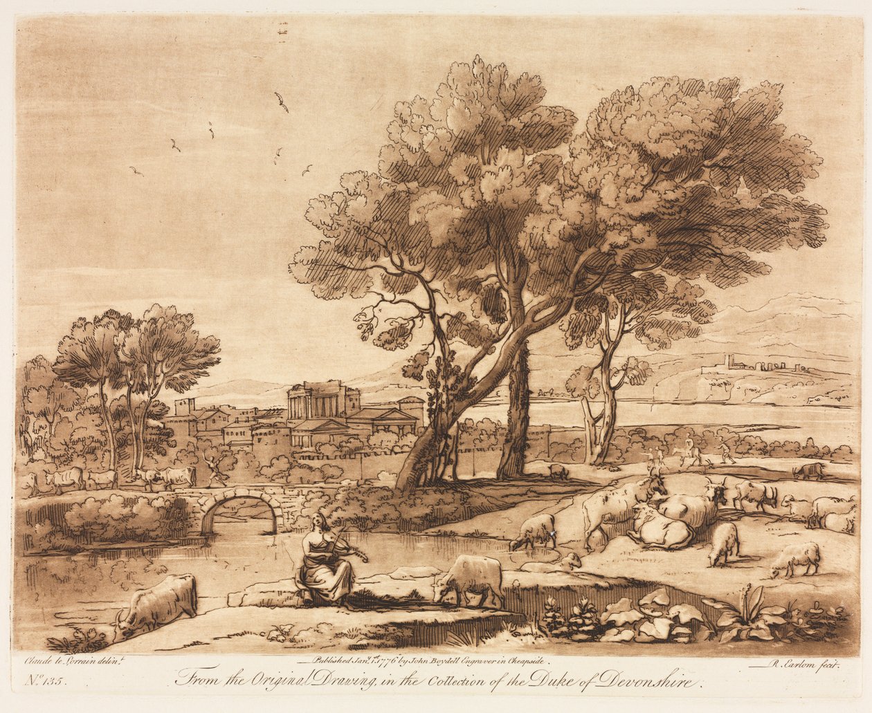 Liber Veritatis: No. 135, Un paisaje, con edificios, Mercurio robando el ganado de Admetuss de Apolo de Richard Earlom
