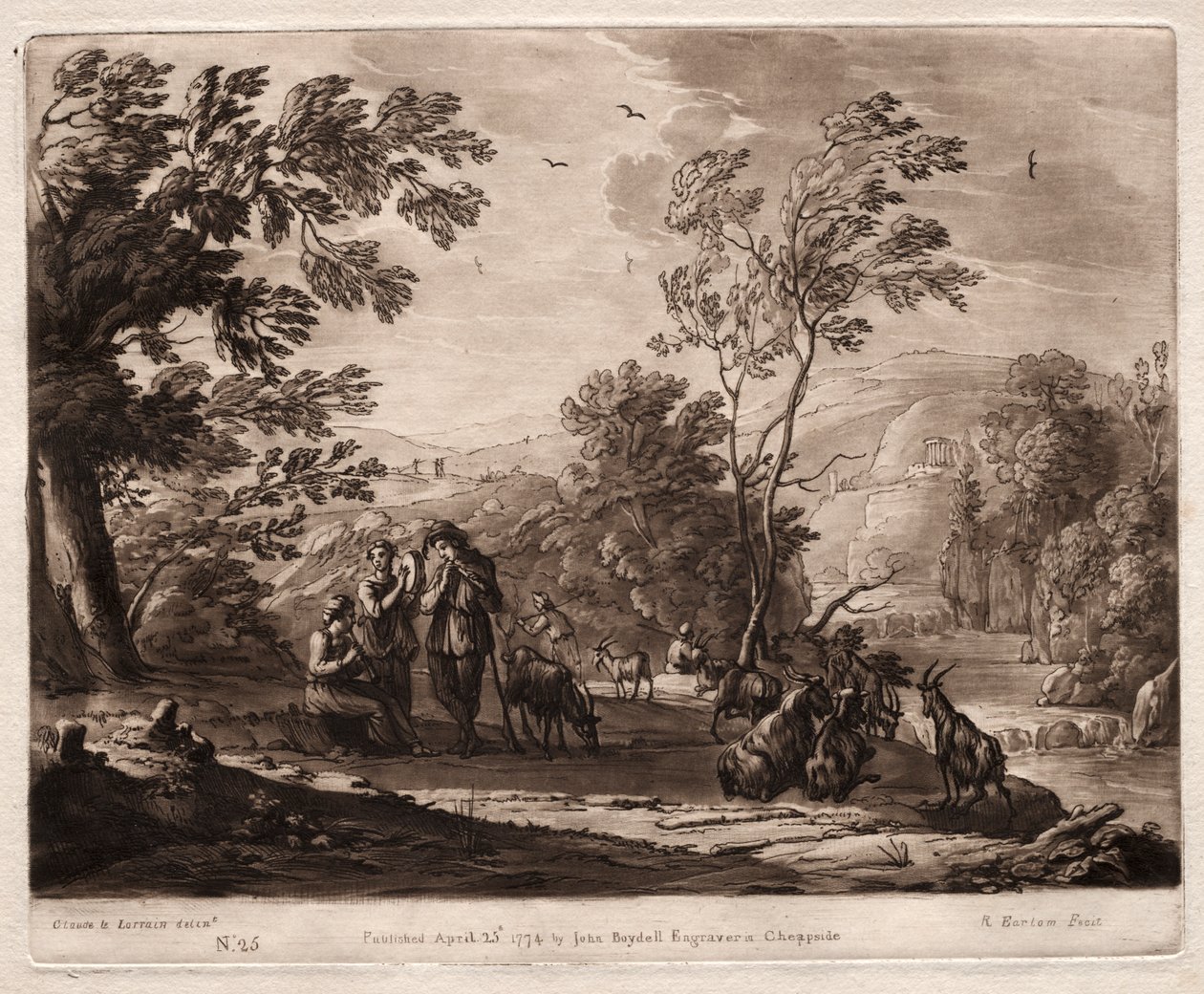 Liber Veritatis: No. 25, Un paisaje montañoso y boscoso con pastores tocando y cabras pastando de Richard Earlom