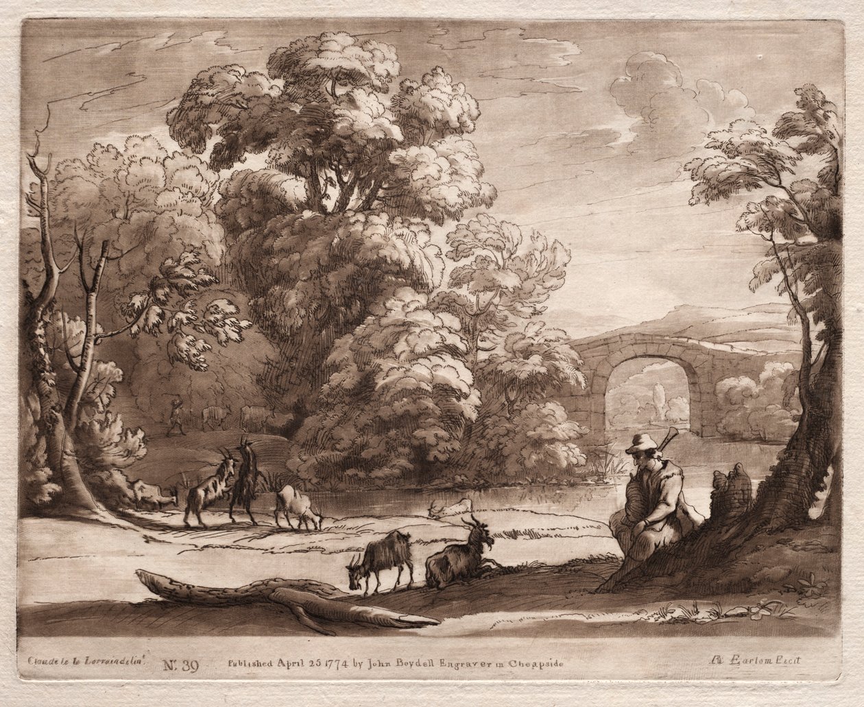 Liber Veritatis: No. 39, Un paisaje con pastor tocando una gaita y cabras pastando, 1774 de Richard Earlom