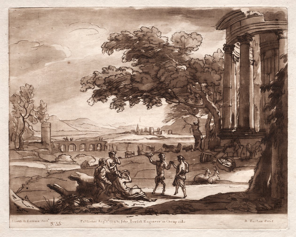 Liber Veritatis: No. 55, Un Paisaje con un Templo y una Ninfa y Sátiro Bailando de Richard Earlom