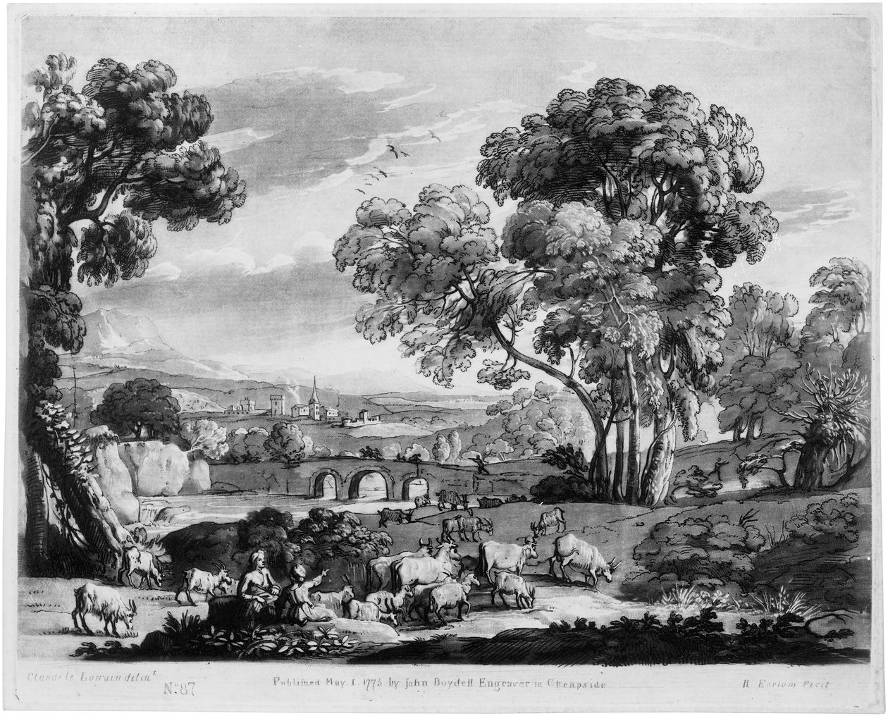 Paisaje bucólico con río y puente de Richard Earlom