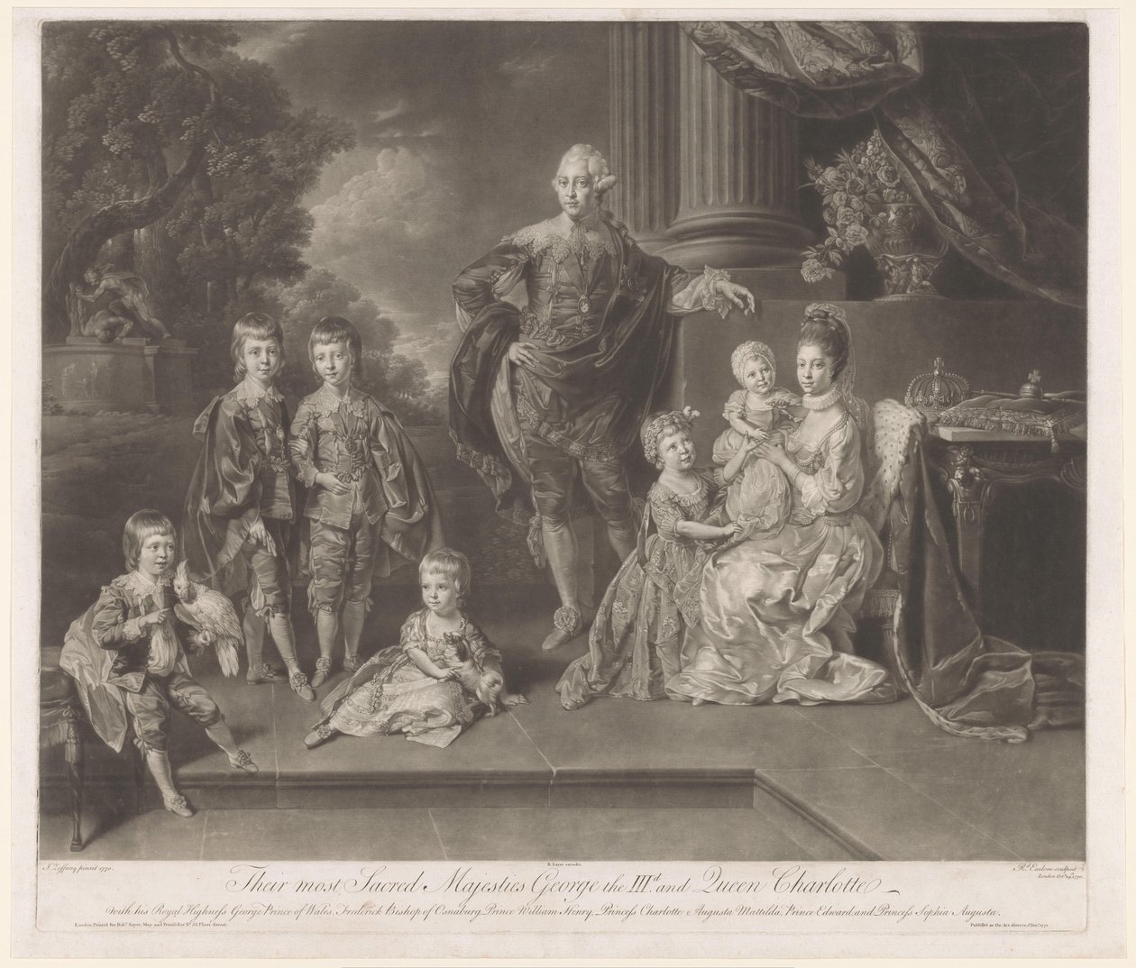 Retrato de Jorge III, Rey del Reino Unido, y su familia Sus majestades más sagradas Jorge III y la reina Carlota (título sobre el objeto) de Richard Earlom