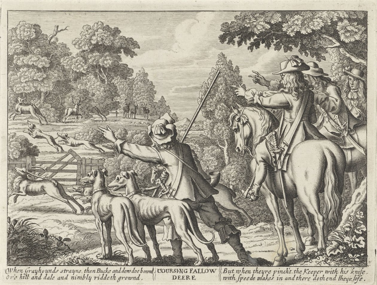 Herten nagejaagd puerta jachthonden Coursing Fallow Deere (título sobre el objeto) Jachtpartijen (título de la serie) Varias formas de caza, venta ambulante y pesca, según la manera inglesa (título de la serie) de Richard Gaywood (possibly)