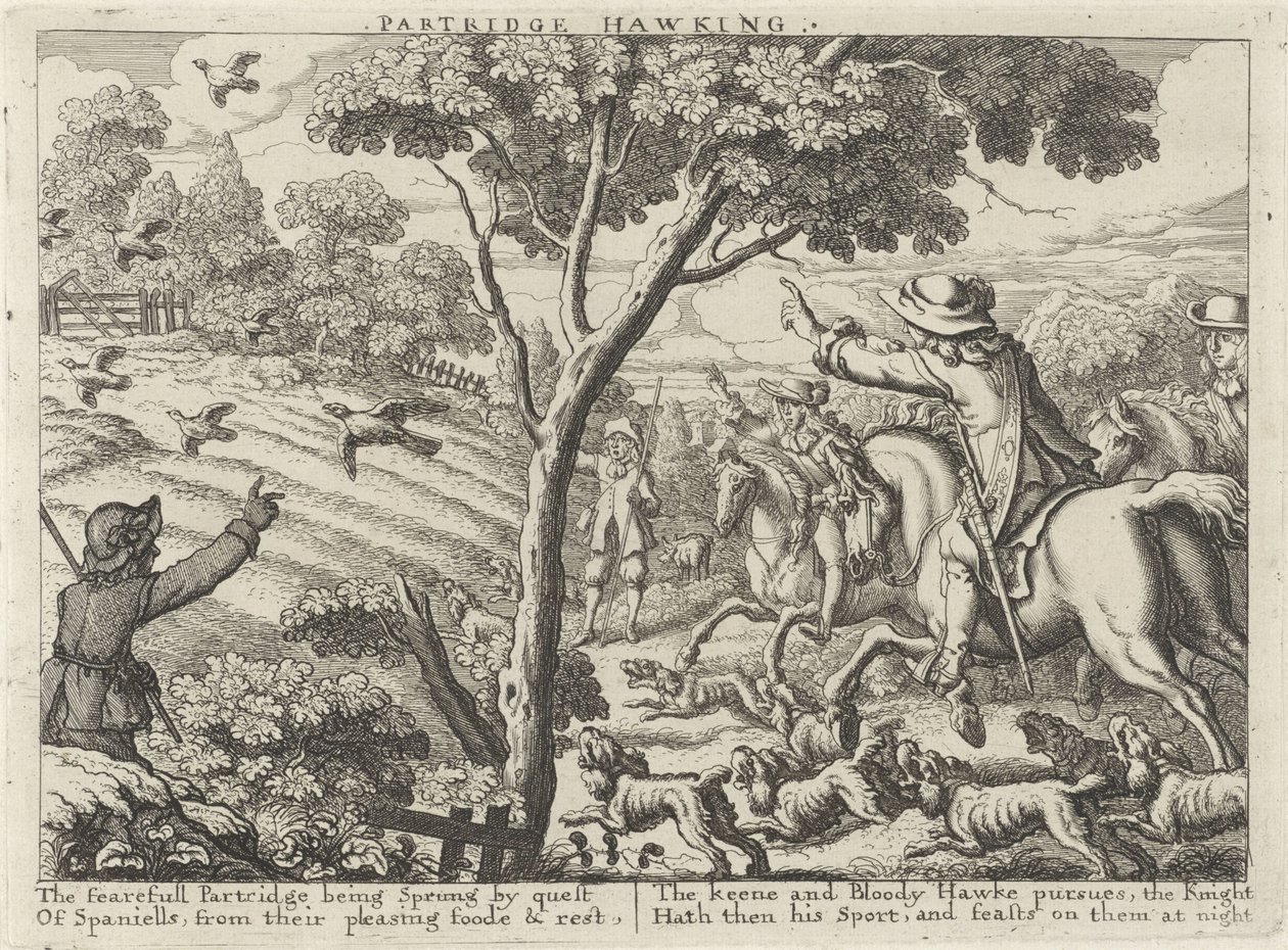 Jacht op patrijsvogels Partridge Hawking (título sobre el objeto) Jachtpartijen (título de la serie) Varias formas de caza, venta ambulante y pesca, según la manera inglesa (título de la serie) de Richard Gaywood (possibly)