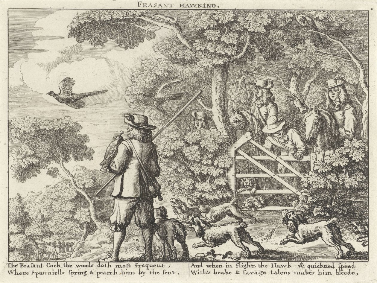 Valkenjacht op fazanten Feasant Hawking (título sobre el objeto) Jachtpartijen (título de la serie) Varias formas de caza, venta ambulante y pesca, según la manera inglesa (título de la serie) de Richard Gaywood (possibly)
