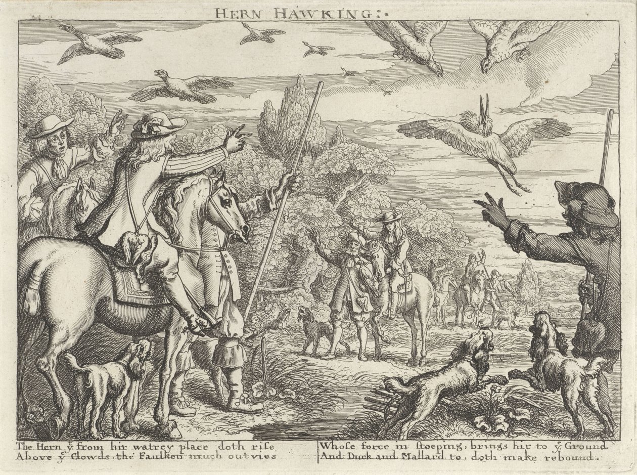 Cacería de cetrería para garzas y patos Hern Hawking (título sobre el objeto) Grupos de caza (título de la serie) Varias formas de caza, venta ambulante y pesca, según el estilo inglés (título de la serie) de Richard Gaywood (possibly)
