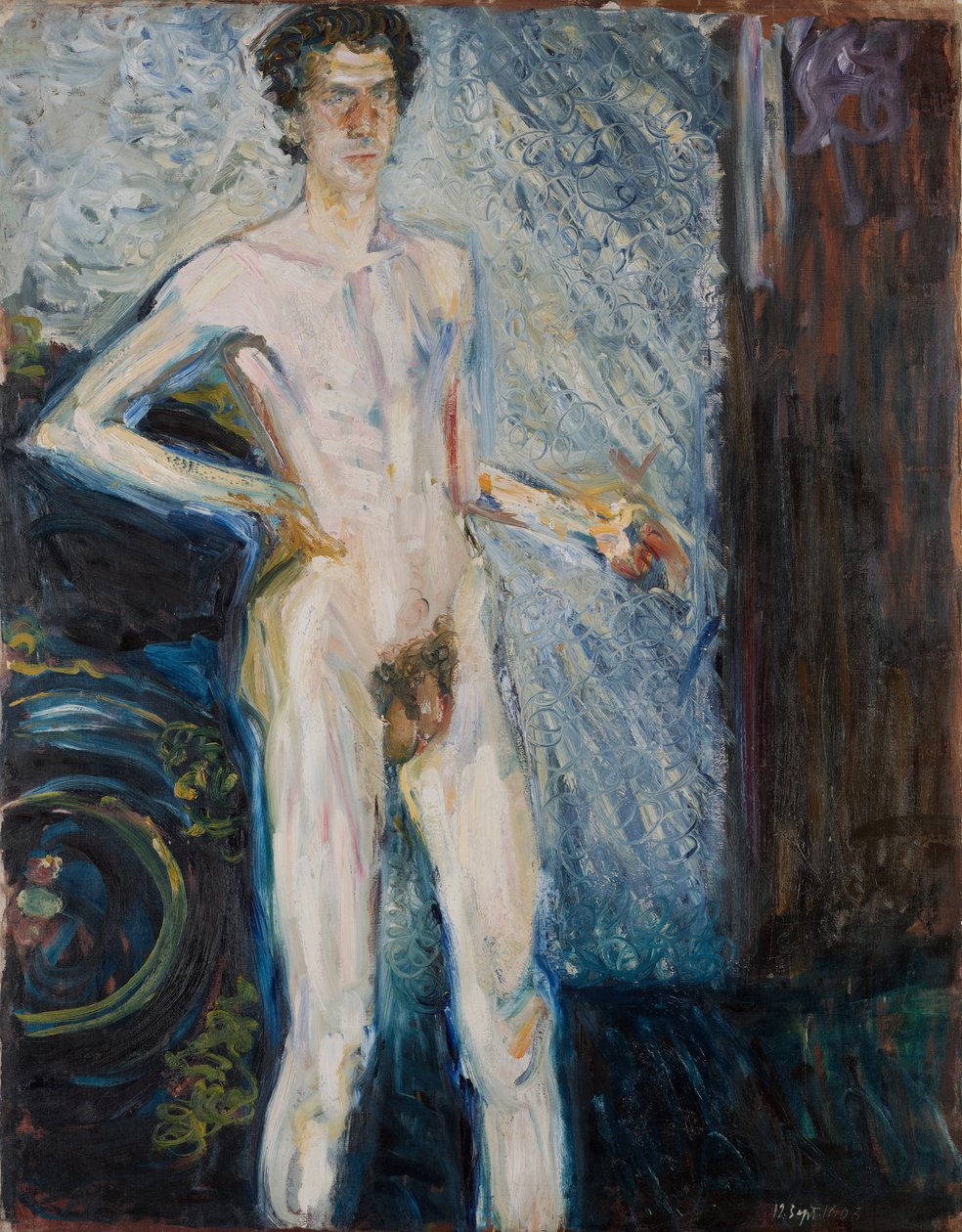 Autorretrato desnudo con paleta - Gerstl, Richard (1883-1908) - 1908 - Óleo sobre lienzo - 139,3x100 - Museo Leopold, Viena de Richard Gerstl