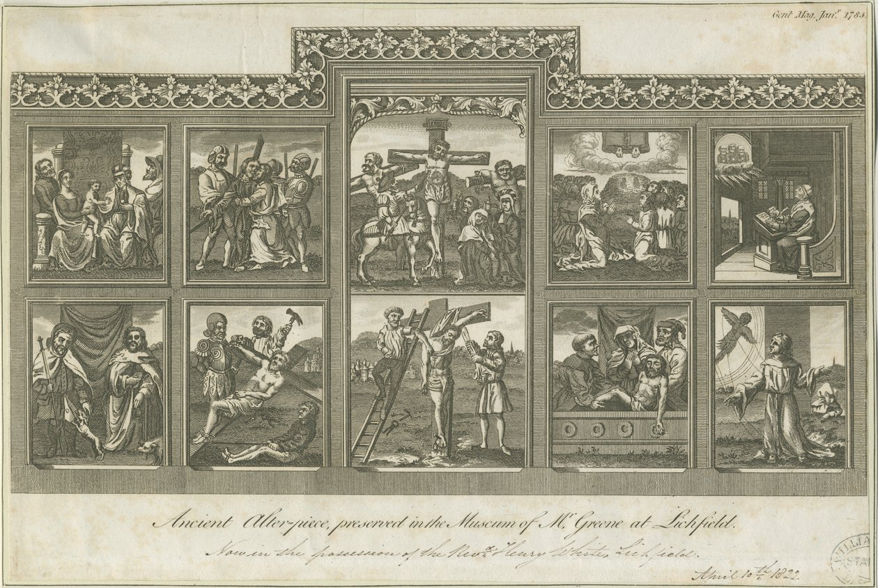 Lichfield - Antiguo Retablo: grabado, nd [c 1785] de Richard Greene