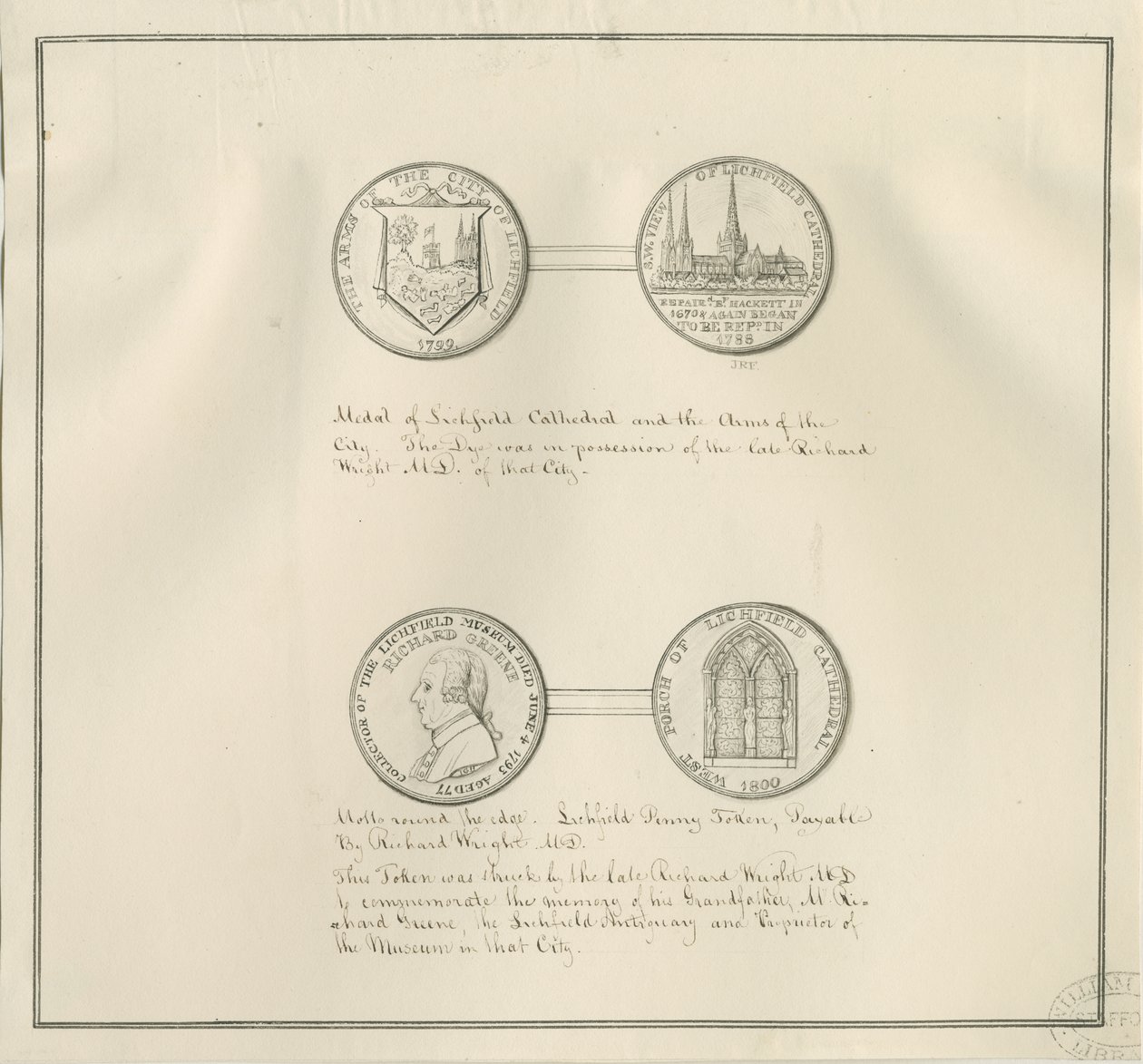 Lichfield - Medallas de la Catedral de Lichfield y el escudo de la ciudad, y un retrato de Richard Greene: dibujo a pluma, nd [principios del siglo XIX] de Richard Greene