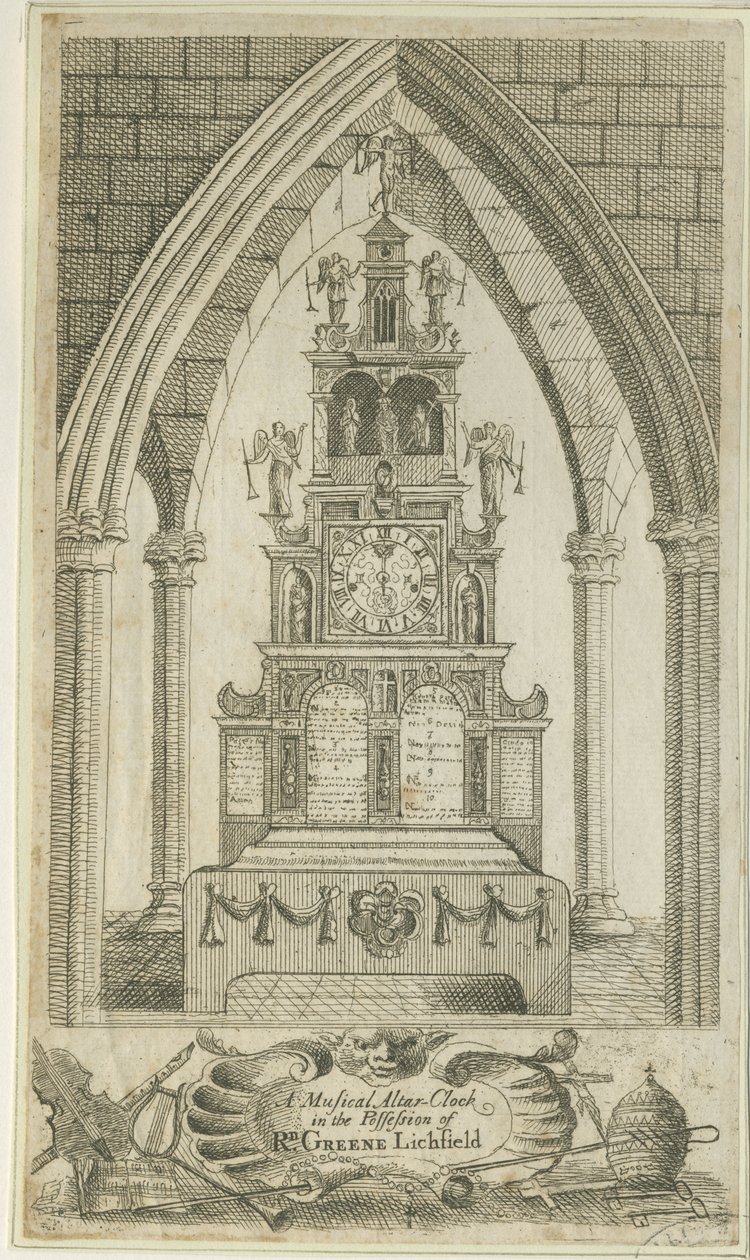 Lichfield - Reloj-altar musical: grabado, nd [?siglo XVIII] de Richard Greene