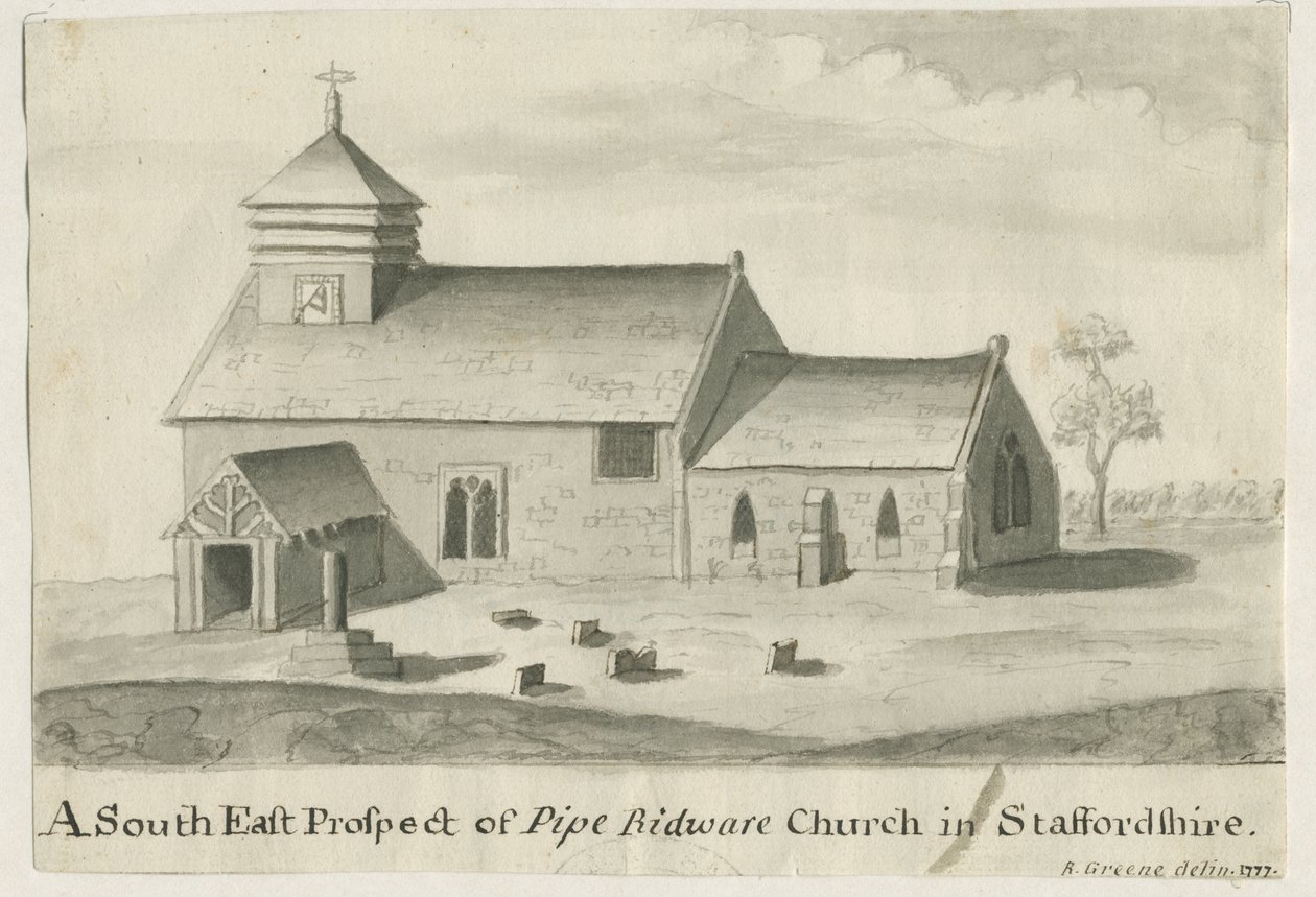 Iglesia de Pipe Ridware: pintura en sepia, 1777 de Richard Greene