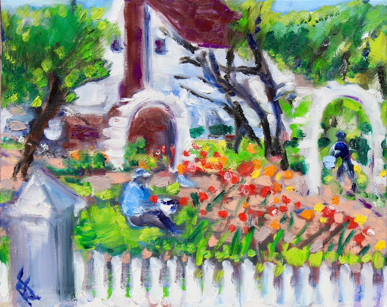 Jardinero trabajando, jardines Luther Burbank, 2021 (óleo sobre lienzo) de Richard H. Fox