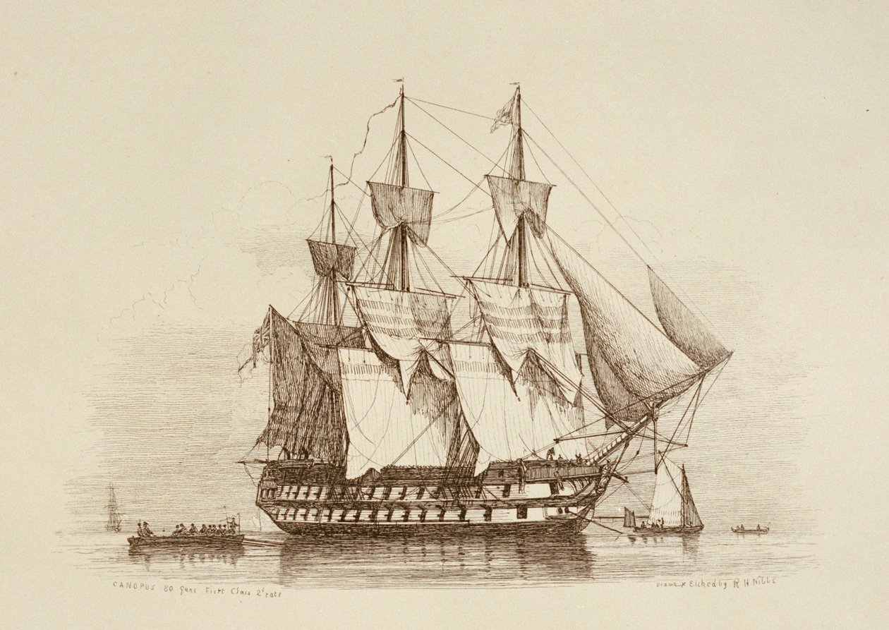 Cañones Canopus 80 Primera clase 2ª tarifa, c.1849 (aguafuerte) de Richard Henry Nibbs
