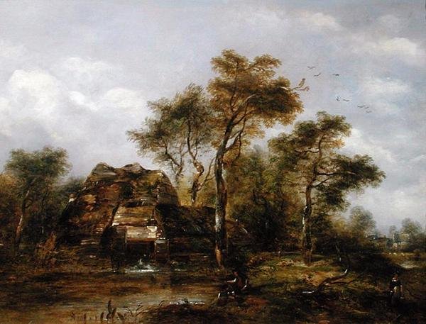 Molino de sobrecarga con hombre pescando de Richard Hilder