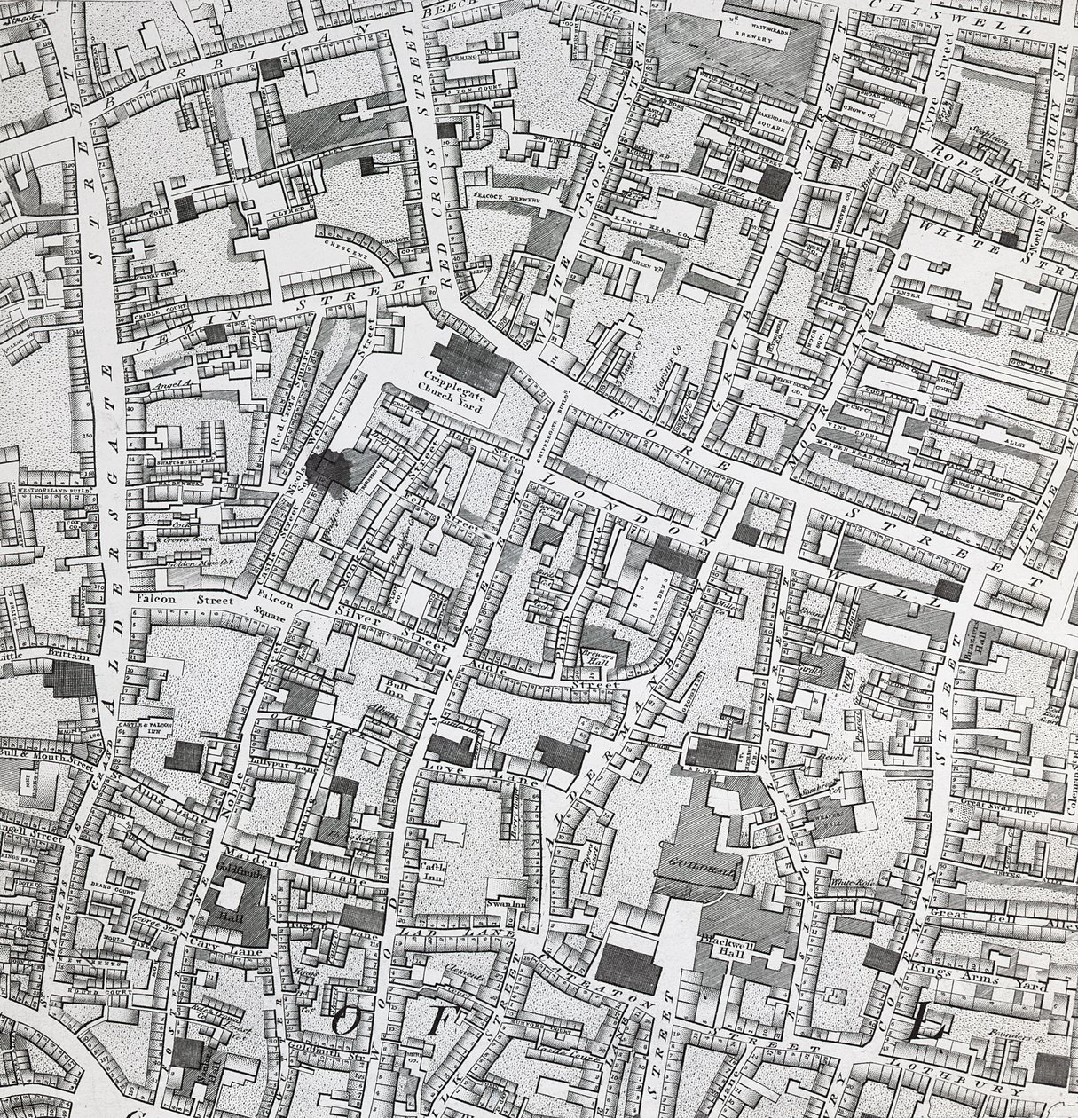 Mapa de las calles de Londres alrededor de Guildhall, c.1795 de Richard Horwood