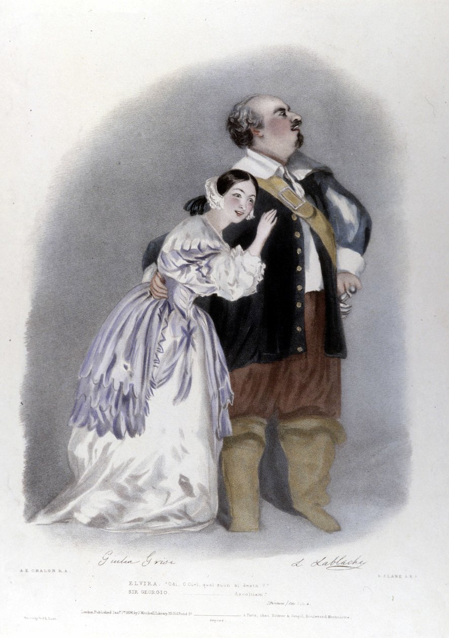 Giulia Grisi y Luigi Lablache en el 3er acto de “Los puritanos” (I puritani) de Vincenzo Bellini. Litografía de R. J. Lane. 1835 de Richard James Lane
