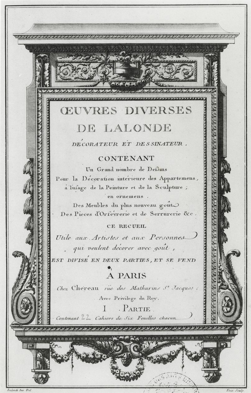 Frontispicio de Oeuvres diverses de Lalonde, decorador y dibujante de Richard Lalonde