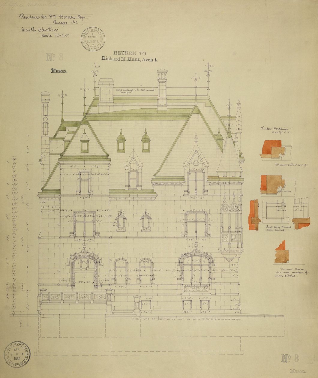 Residencia William Borden, Chicago, Illinois, elevación sur de Richard Morris Hunt