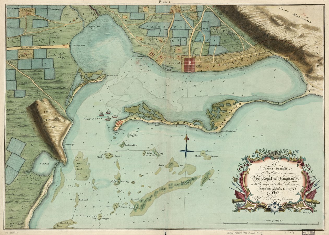 Un dibujo correcto de los puertos de Port Royal y Kingston, con los cayos y bajíos adyacentes, etc., a partir de un último estudio preciso, realizado por el Sr. Richd Jones, ingeniero. de Richard; Mynde Jones