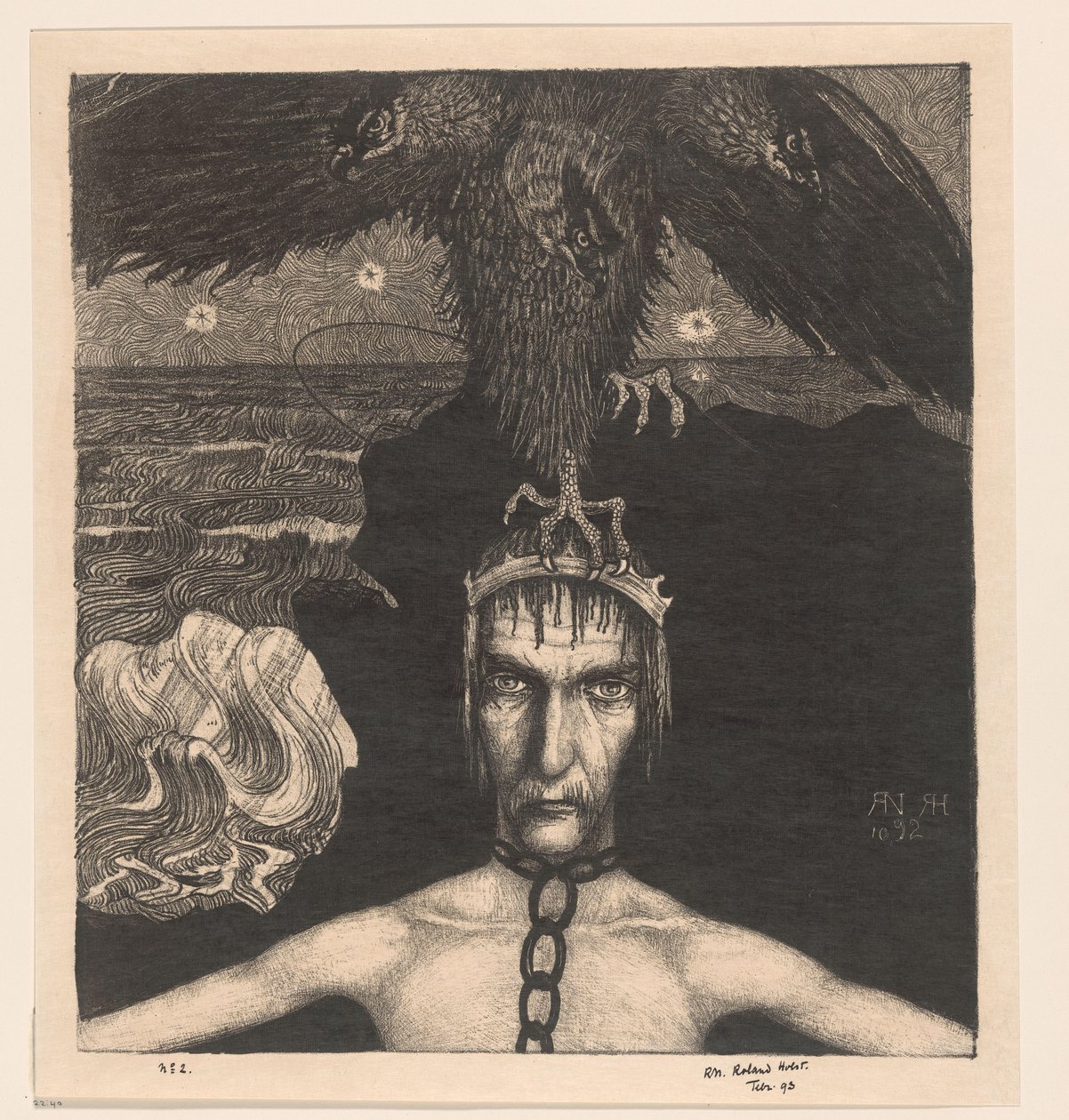 Hombre encadenado con un ave de presa de tres cabezas en la cabeza
Anangkè (Destino) (título original) de Richard Nicolaüs Roland Holst (signed by artist)