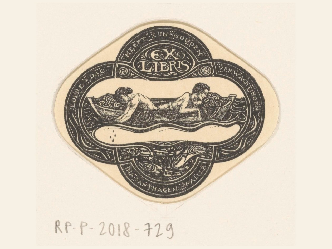 Ex libris de Ina van Eibergen Santhagens-Waller
Cada día tiene sus expectativas de oro (título en el objeto) de Richard Nicolaüs Roland Holst