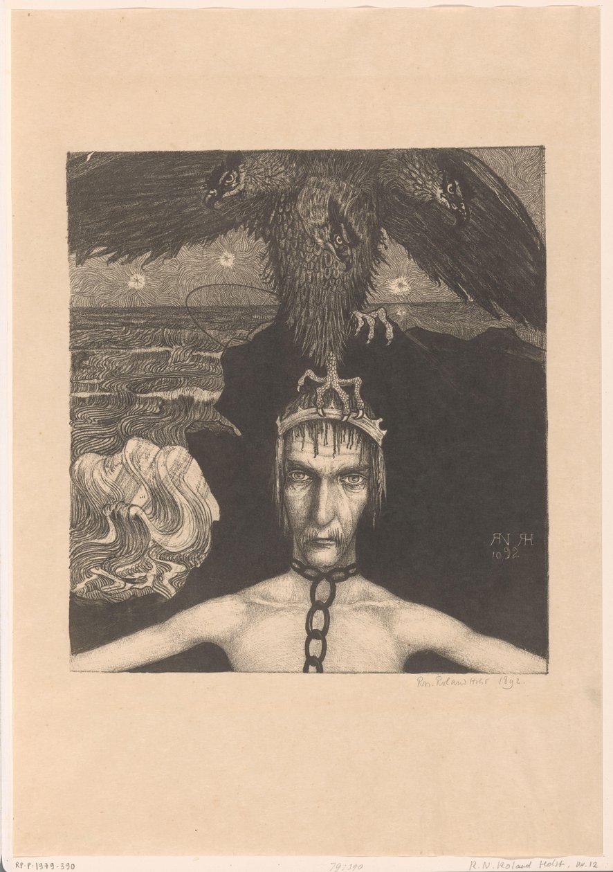 Hombre encadenado con un ave de presa de tres cabezas en la cabeza
Anangkè (Destino) (título original) de Richard Nicolaüs Roland Holst