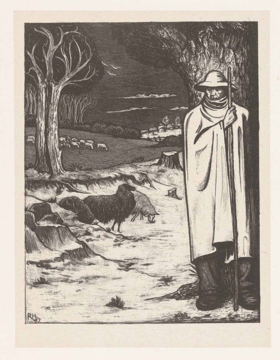 Pastor con un rebaño de ovejas en un paisaje de colinas de Richard Nicolaüs Roland Holst