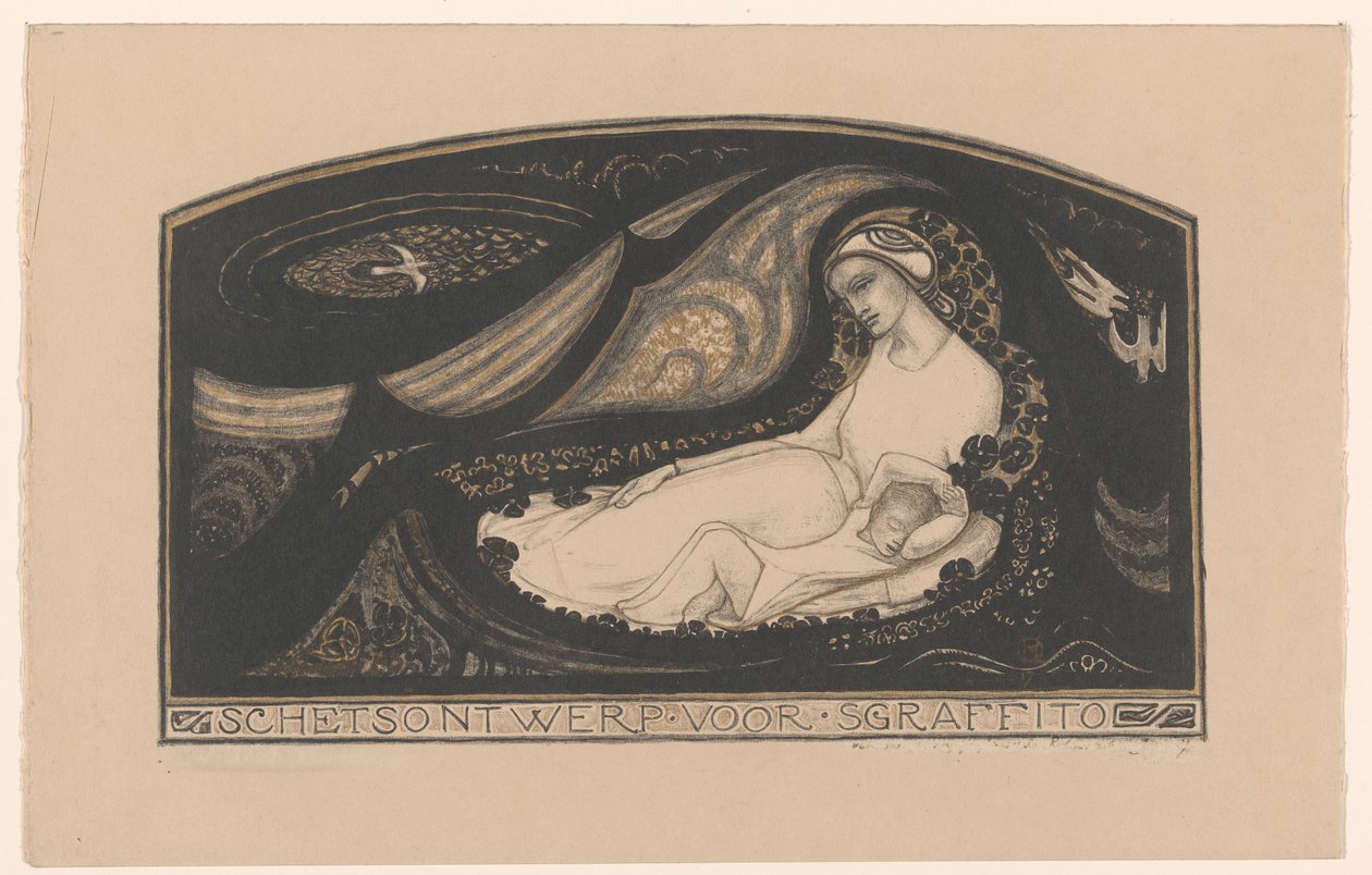 Mujer y niño reclinados
Diseño de boceto para esgrafiado (título en el objeto) de Richard Nicolaüs Roland Holst