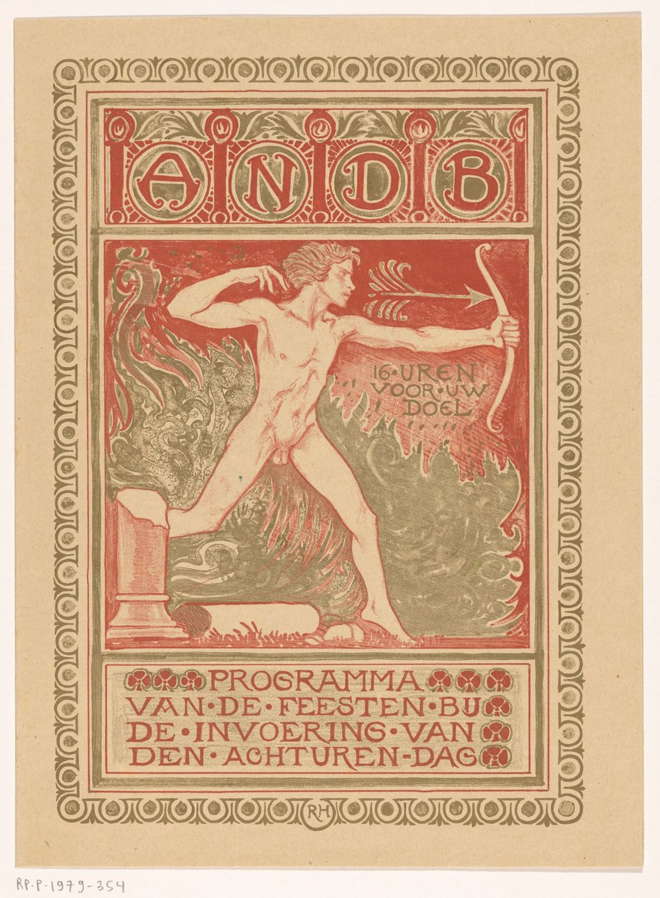 Diseño de portada para: Programa de celebraciones en la introducción de la jornada de ocho horas por el Sindicato General de Trabajadores del Diamante de Holanda
Programa de celebraciones con motivo de la introducción de la jornada de ocho horas (título e de Richard Nicolaüs Roland Holst