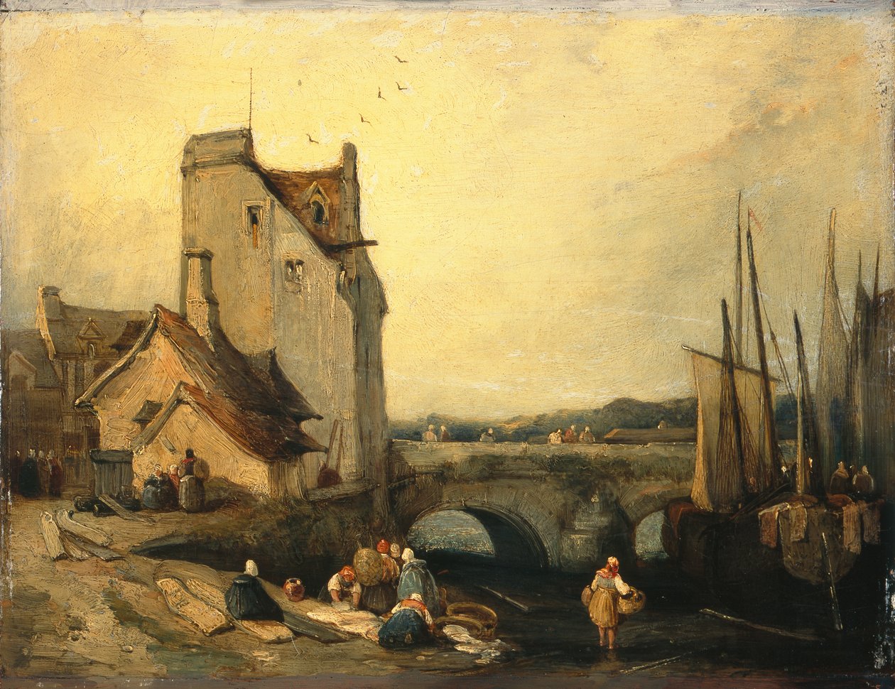Vista en Bretaña: Puente, casitas y lavandera (óleo sobre tabla) de Richard Parkes (attr. to) Bonington