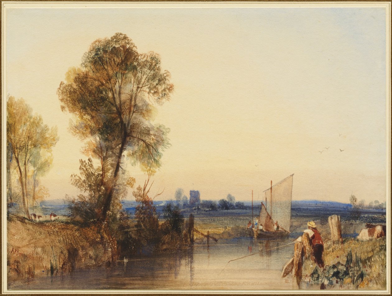 Un pescador a orillas de un río, un campanario a lo lejos de Richard Parkes Bonington