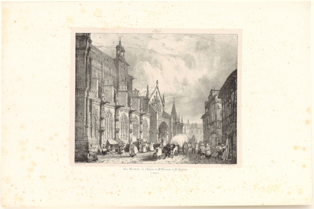 Vista de la iglesia de Saint-Gervais-et-Saint-Protais en Gisors, lámina de la serie «Voyages pittoresques et romantiques dans l